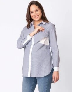 Seraphine Chemise En Coton Grossesse Et Allaitement à Rayures – Gris -Seraphine Akiva Stripe 04 V3