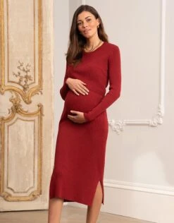 Seraphine Robe Grossesse Et Allaitement En Maille Côtelée Midi – Rouge Brique -Seraphine Amaya Rust 04 V5