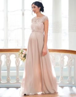 Seraphine Robe Longue Maternité Soie Et Dentelle - Rose Pâle