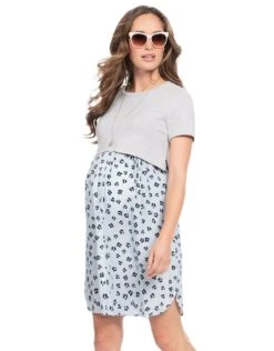 Seraphine Robe Grossesse Et Allaitement Haut En Coton Fleurie- Gris Chiné/ Bleu -Seraphine Antonietta GreyMarl 04 V3