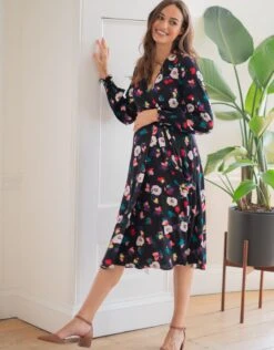 Seraphine Robe De Grossesse Mi-longue Noire à Motif Floral -Seraphine Daryl Floral 04 V4