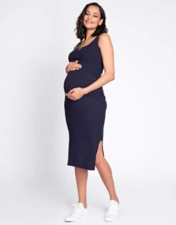 Seraphine Robe Midi Grossesse Et Allaitement Côtelée Manches Courtes - Bleu Marine -Seraphine Gem Navy 04