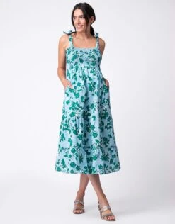 Seraphine Robe Midi De Grossesse à Fleurs Avec épaules Nouées - Bleu Et Vert -Seraphine Gianna BlueFlrl 03 V2