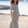 Seraphine Robe T-shirt Smockée Grossesse Et Allaitement Mi-longue Rayée Bleu Marine Et Blanche -Seraphine Greyson NavyWhtStripe 01 V3