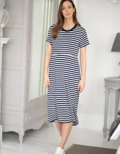 Seraphine Robe T-shirt Smockée Grossesse Et Allaitement Mi-longue Rayée Bleu Marine Et Blanche -Seraphine Greyson NavyWhtStripe 07 V3