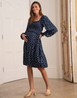 Seraphine Robe Grossesse Et Allaitement Froncée, Bleu Marine à Pois