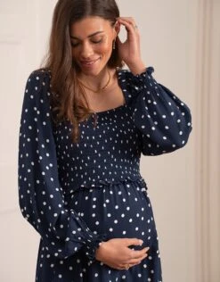 Seraphine Robe Grossesse Et Allaitement Froncée, Bleu Marine à Pois -Seraphine Griselda NavyDot 04 V2