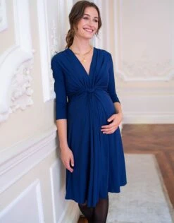 Seraphine Robe Grossesse Nouée Manches ¾ - Bleu Marine
