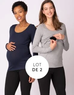 Seraphine Lot De 2 T-shirts Manches Longues Grossesse Et Allaitement – Bleu Marine/Gris
