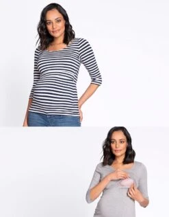 Seraphine Lot De 2 Hauts Grossesse Et Allaitement Manches ¾ – Nautique/Gris