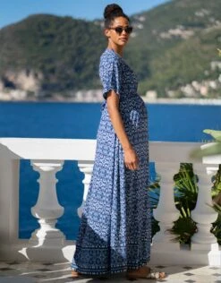 Seraphine Robe Longue De Grossesse Et D'allaitement Imprimé Bleu Mer -Seraphine Lulah Blue 04 V1
