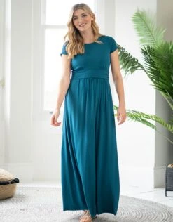 Seraphine Robe Maxi De Grossesse à Allaitement Bleu à Manches Courtes