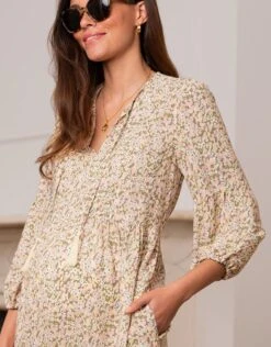 Seraphine Robe De Maternité à Allaitement Mi-longue à Imprimé Petites Fleurs Boho -Seraphine Nico KhakiYellow 05 V2