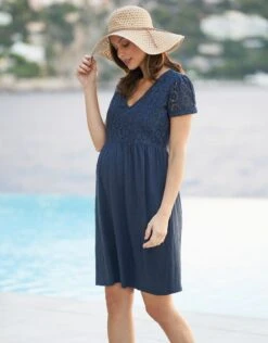 Seraphine Robe Grossesse Allaitement En Broderie Anglaise Bleu Marine