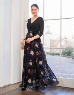 Seraphine Robe Longue Grossesse Jupe En Soie Imprimée - Noir/Multi
