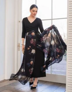 Seraphine Robe Longue Grossesse Jupe En Soie Imprimée - Noir/Multi -Seraphine Petunia Long BlkFloral 03 V2