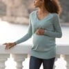Seraphine Pull De Grossesse Et D'allaitement En Maille Fine à Col En V - Vert Sauge