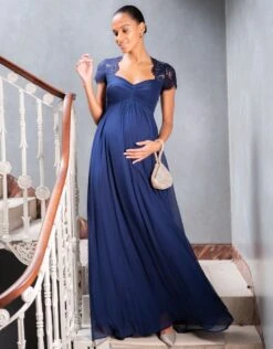 Seraphine Robe De Soirée Grossesse En Soie Et En Dentelle Bleu Marine