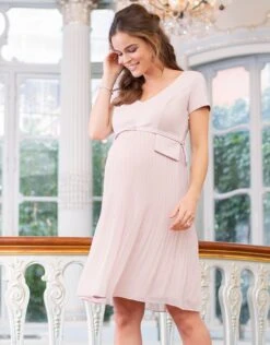Seraphine Robe Grossesse Plissée à Manches Courtes – Rose