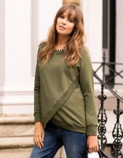 Seraphine Sweat Grossesse Et Allaitement Croisé En Mélange De Coton – Vert Olive