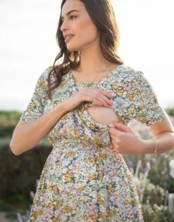 Seraphine Robe Mi-longue Grossesse Et Allaitement à Fleurs Vertes -Seraphine Tamika GreenPrt 03 V3