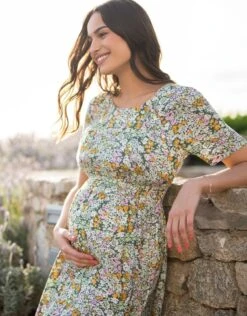 Seraphine Robe Mi-longue Grossesse Et Allaitement à Fleurs Vertes -Seraphine Tamika GreenPrt 04 V3