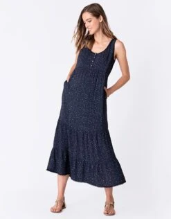 Seraphine Robe Grossesse Longue à Volants Imprimé Pois – Bleu Marine