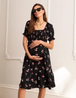 Seraphine Robe De Grossesse à Allaitement Noire à Imprimé Fleuri -Seraphine Verona Black 03 V3