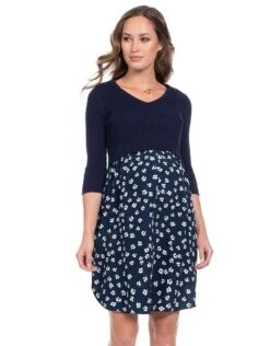 Seraphine Robe Grossesse Et Allaitement Haut En Maille Fleurie En Coton Mélangé – Bleu Marine -Seraphine amy navyfloral 01