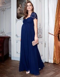 Seraphine Robe De Soirée Grossesse Soie Et Dentelle - Bleu Marine