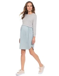 Seraphine Robe Grossesse Et Allaitement Bi-matière En Coton - Gris Chiné/Chambray -Seraphine cedar greychambray 03