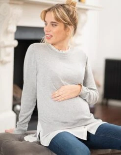 Seraphine Pull Grossesse Et Allaitement En Mélange De Coton Avec Col Détachable – Gris