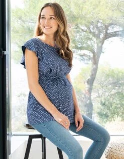 Seraphine Haut Grossesse Et Allaitement Manches Volantées à Pois – Bleu